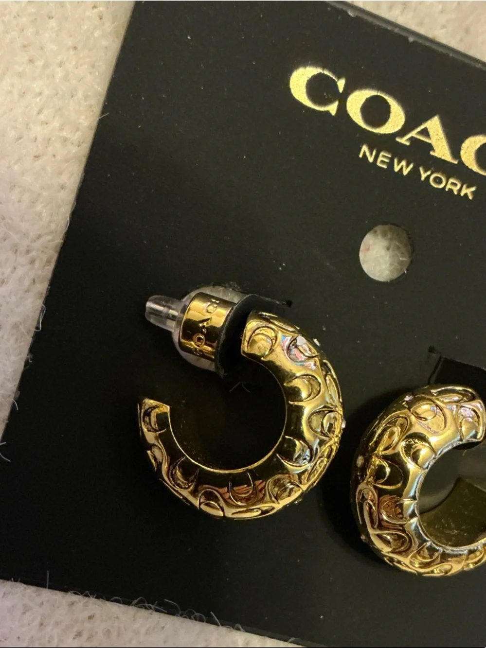 Coach Gold-Tone Hoop Earrings with Signature Engraving - Picture 3 of 4